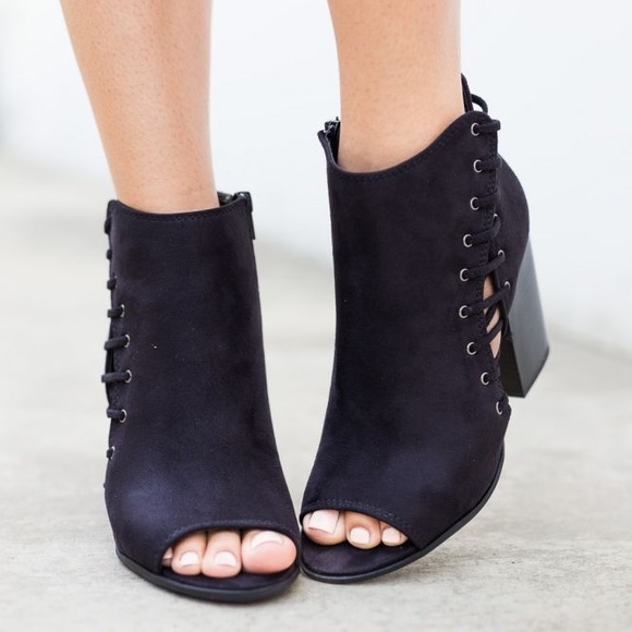 Black Peep Toe Lace Side Ankle Bootie - Picture 3 of 8